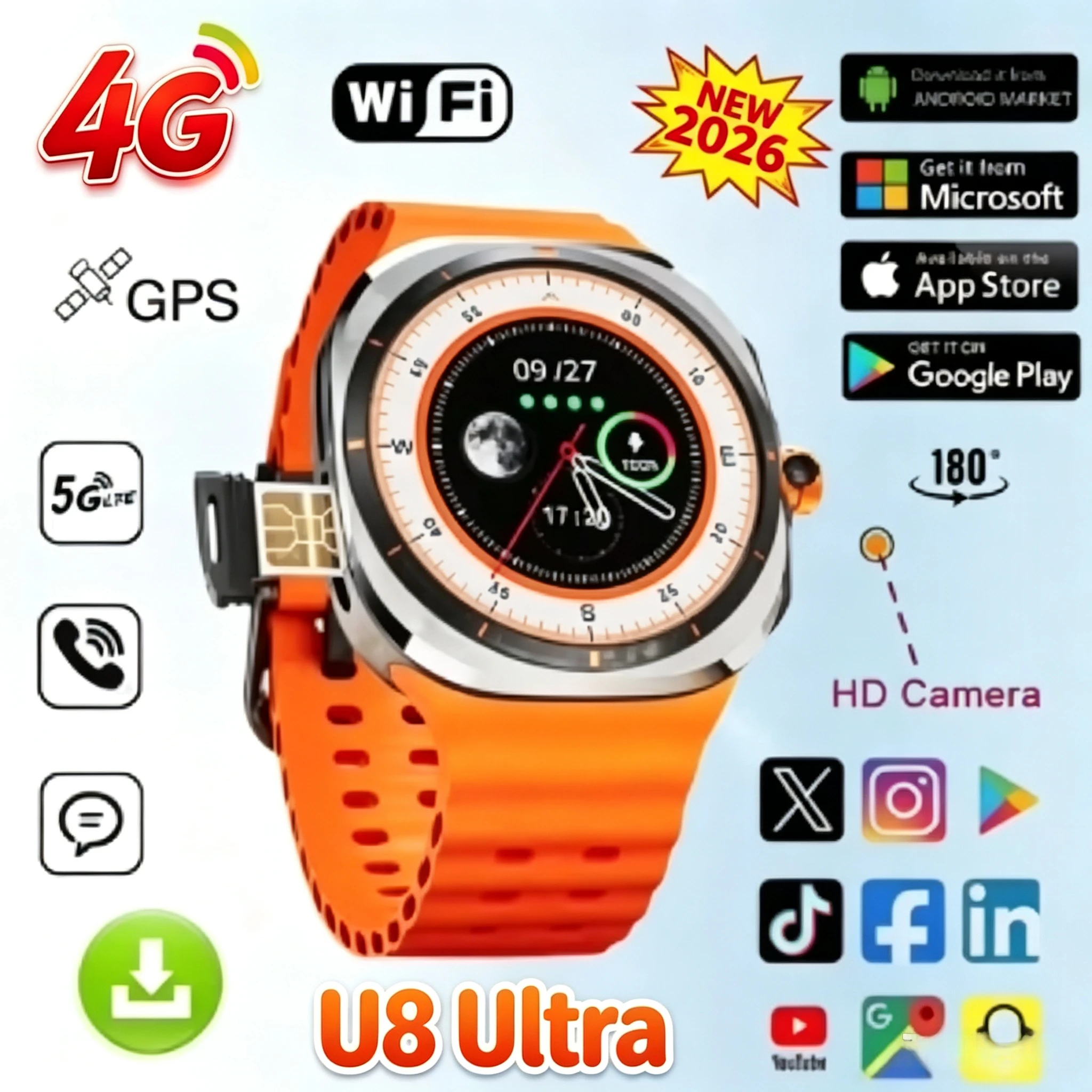 2026 U8 Ultra Android Smartwatch New Global Call 4G Full Network Rotation Camera Amoled Screen GPS WIFI NFC SIM Card Sport Watch