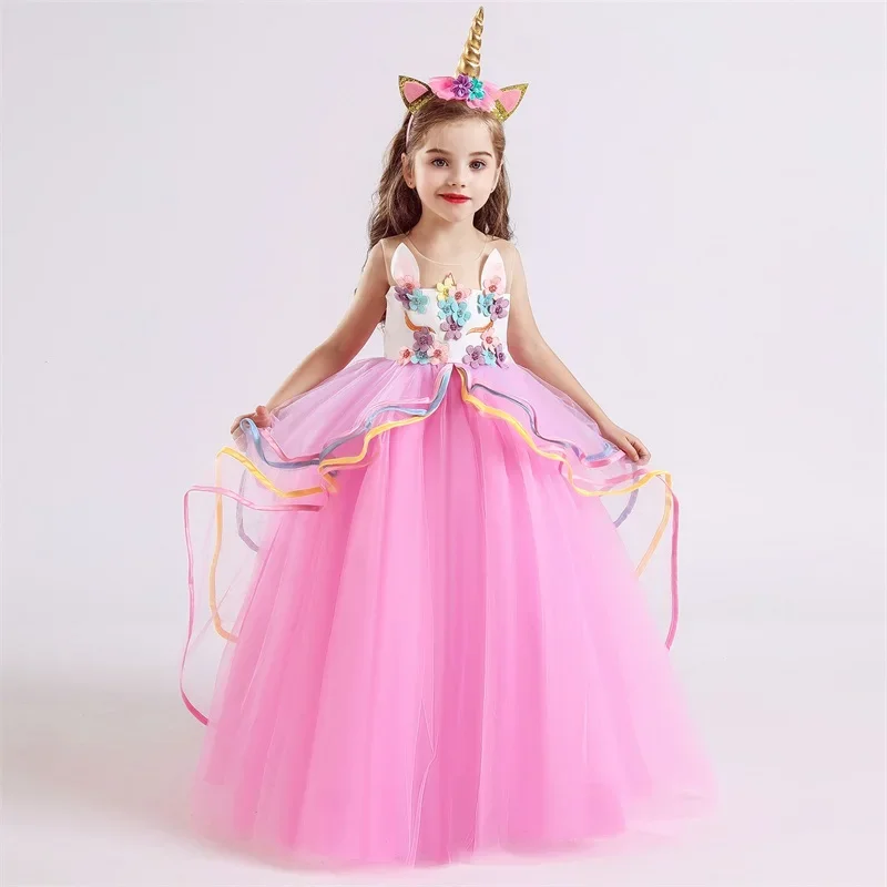 Unicorn tutu dress for little girl Summer sleepveless elegant party gown children fancy wedding dress birthday embroidery costum