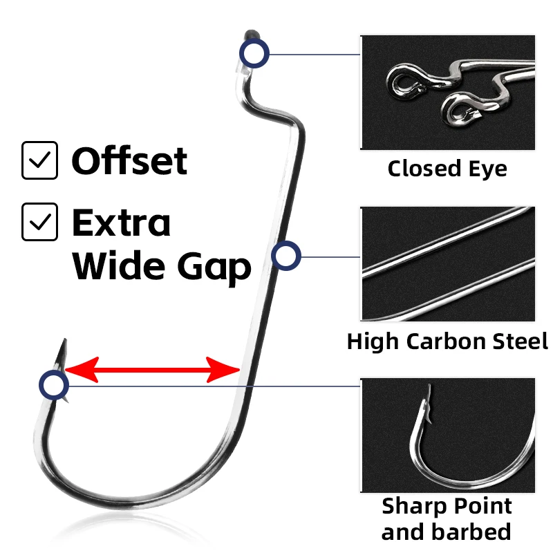 MEREDITH Worm Hook Offset Wide Gap Високовъглеродна стомана Изключително здрава риболовна кука без плевели за меки примамки Bass Pike 50бр.