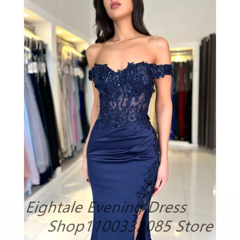 Eightale Customized 2025 Navy Blue Mermaid Prom Dress Off Shoulder Floral Appliques Evening Dress Women Formal Party Gown