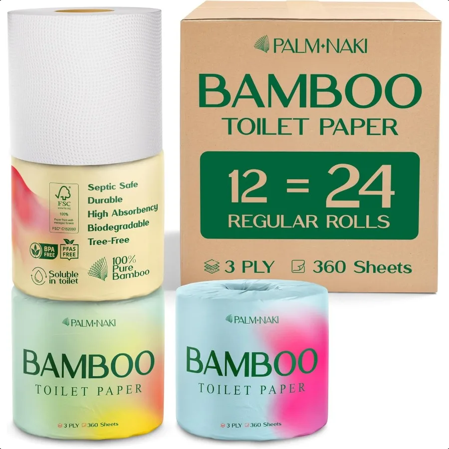 

Premium Bamboo Toilet Paper 3Ply Strong Absorbent TreeFree FSC Certified BPA PFASFree SepticSafe LintFree 12 Mega Rolls 360 She