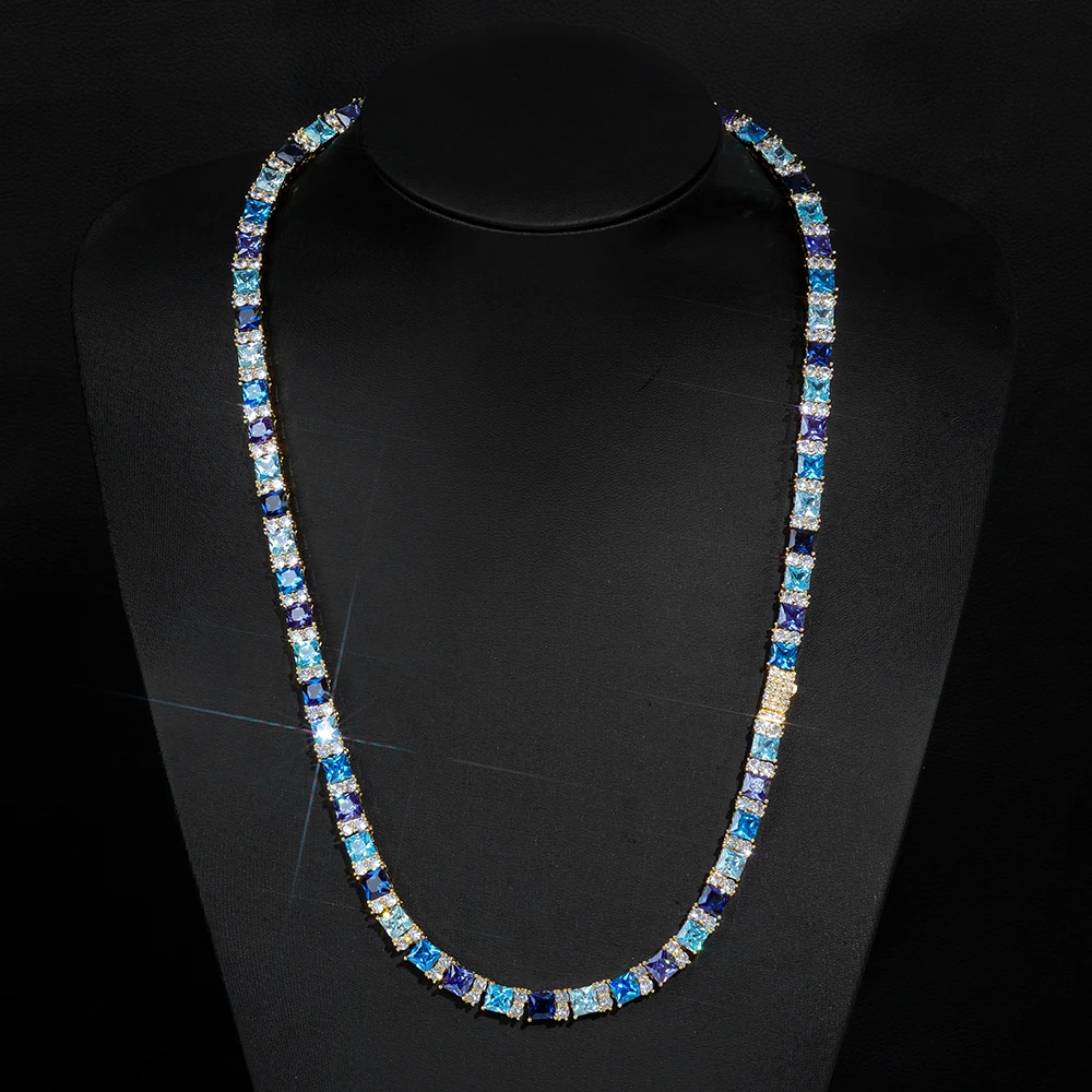 

ESKEEM Iced Out Blue Gradient Square CZ Tennis Necklace Hip Hop Jewelry Micro Pave Ocean/Deep Blue Zircon Link Chain Bracelet