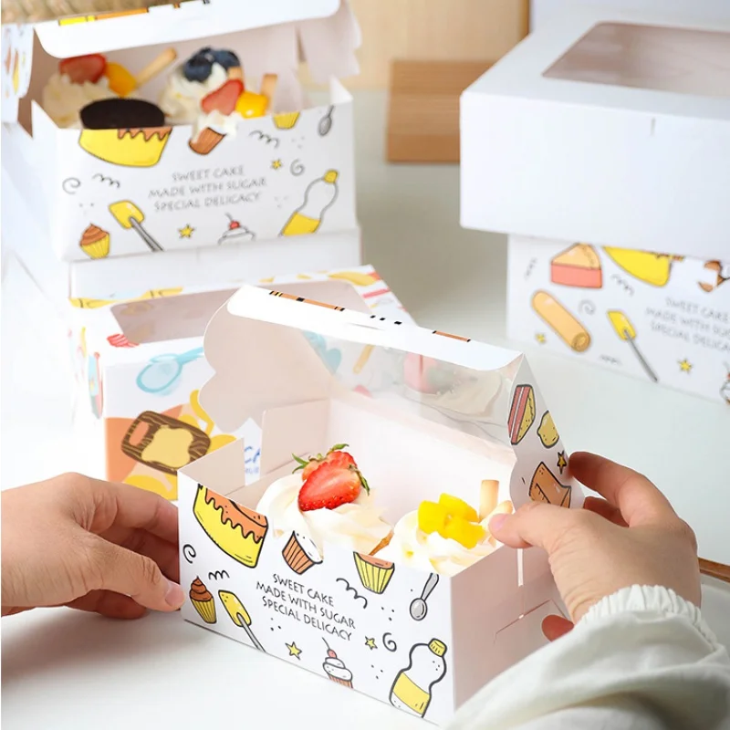 Cajas de embalaje con ventana para cupcakes y postres, papel de cartón blanco con grafiti de tamaño personalizado, venta al por mayor de productos personalizados