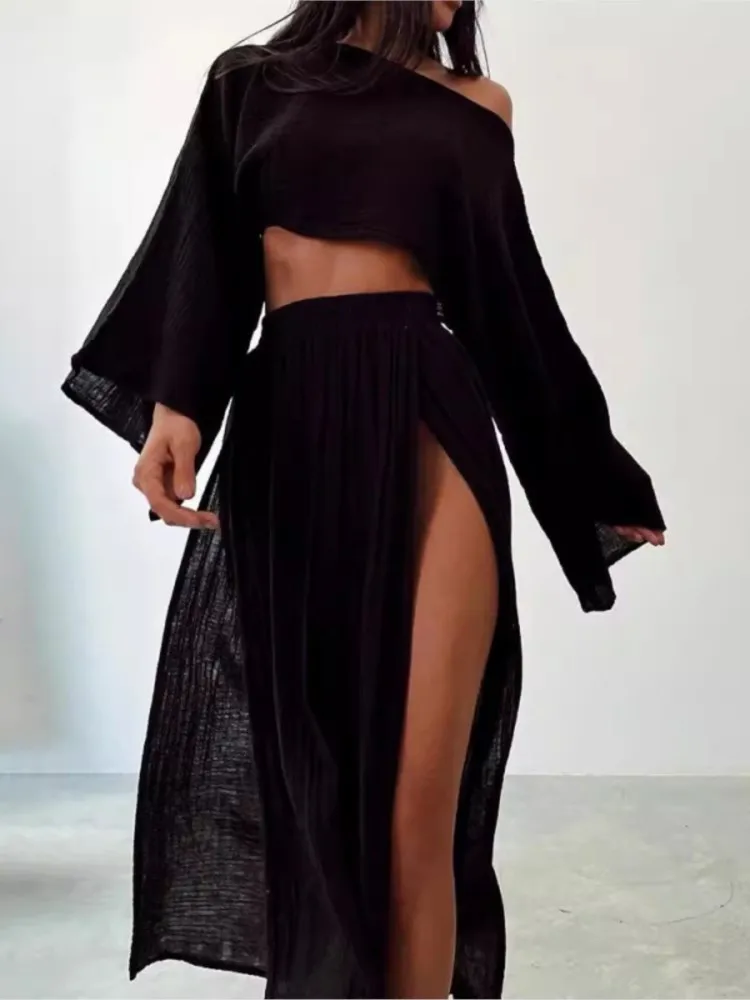 Casual Holiday Style Simple Solid Color Skirt Set Linen Blended Short Top High Waist Chic Split Cotton Linen Two-piece Set - Image 5