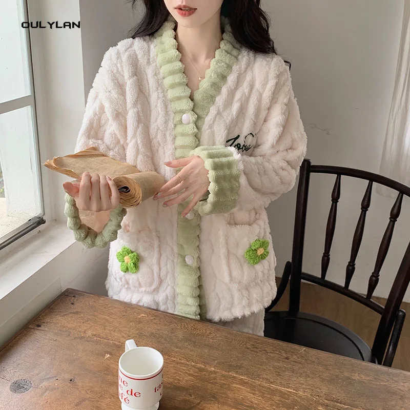 Fashion Pajama Set Women Sweet Cardigan Pants Sleepwear Solid Students Casual Homewear All-match Winter Thicken Warm Female