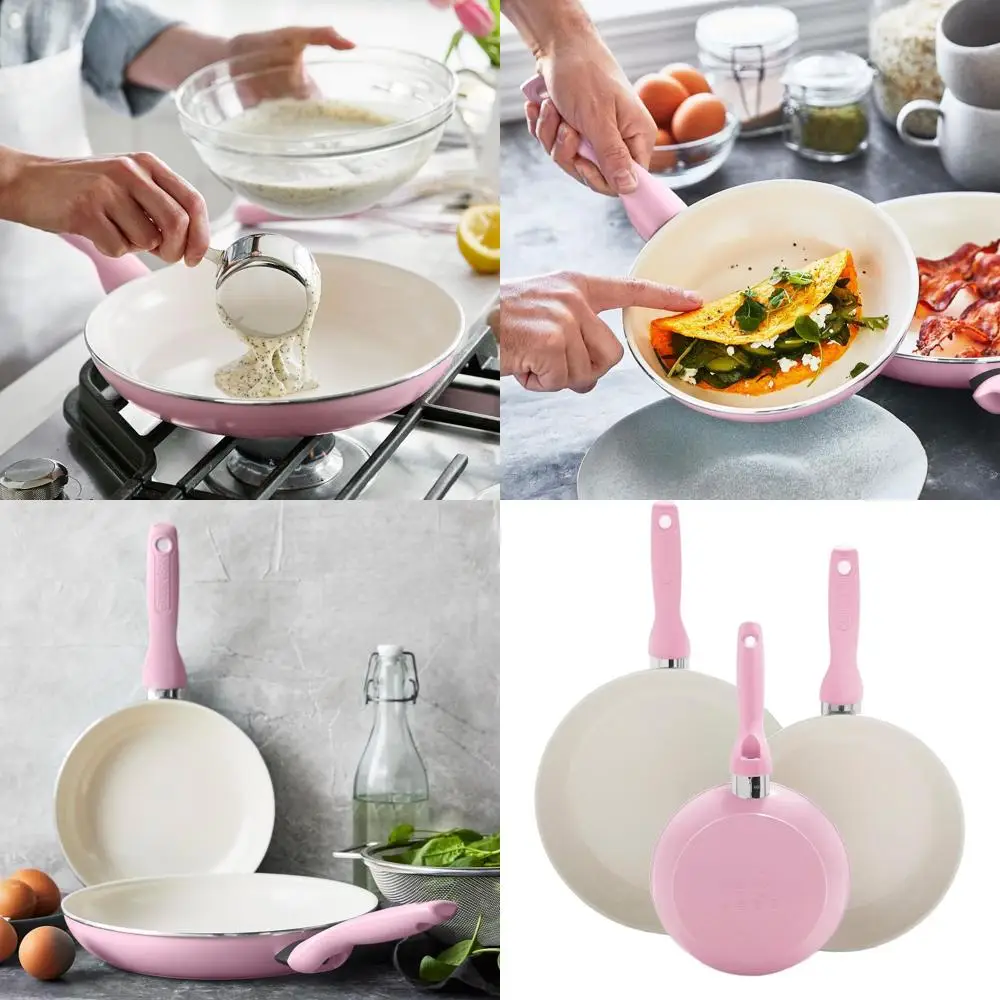 

Pink 3-Piece Ceramic Nonstick Frying Pan Set with Soft Grip, Dishwasher & Oven Safe, 7, 9.5, 11