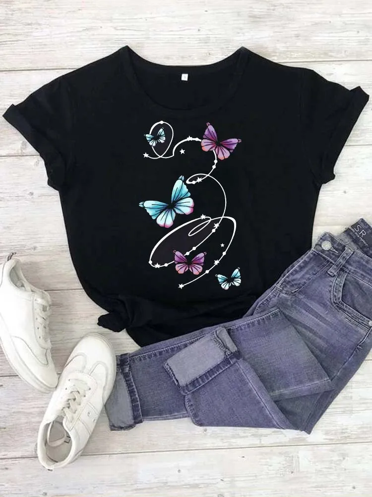 Women Lady Cartoon Butterfly Heartbeat Printed T Shirt Summer Female Clothes Tshirt Womens Top Cartoon Graphic Tops Tees