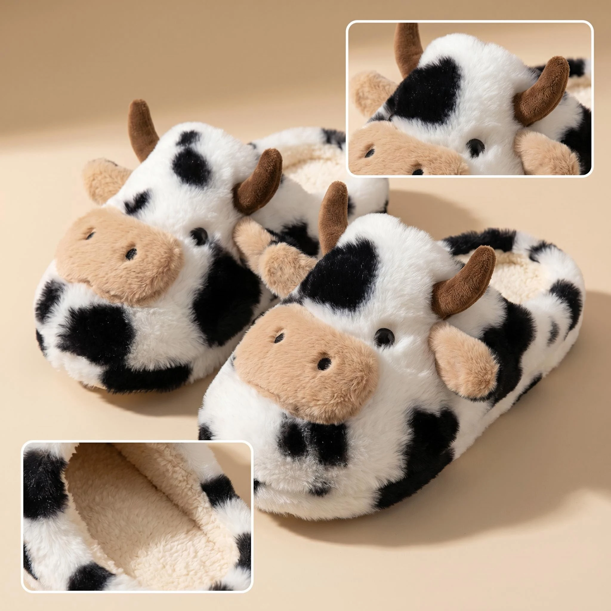 A Pair of Cute Cartoon 3D Cow Plush Slippers for WomenTop Choice for Holiday Gifts