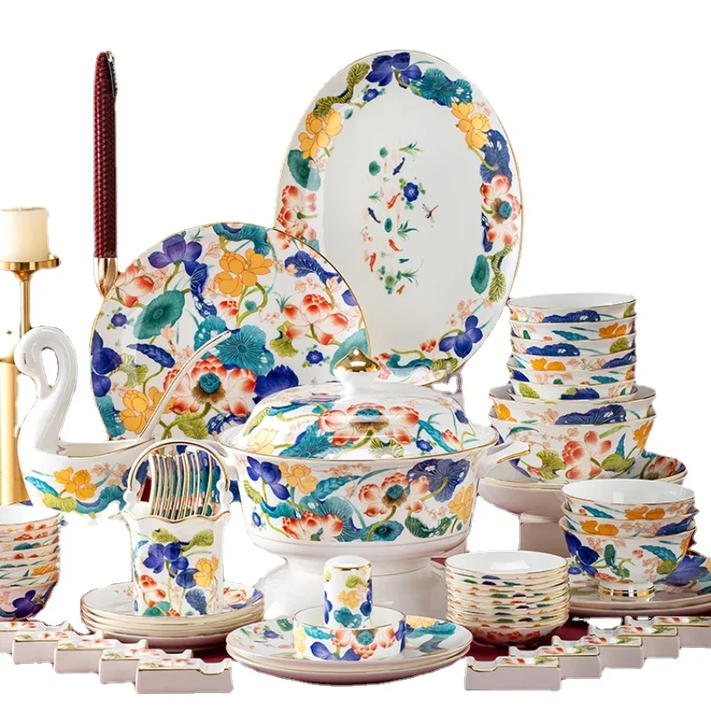 

Bowl and Dish Set Household High-End Chinese Jingdezhen Ceramic Bowl and Plate High-Grade Bone China Tableware