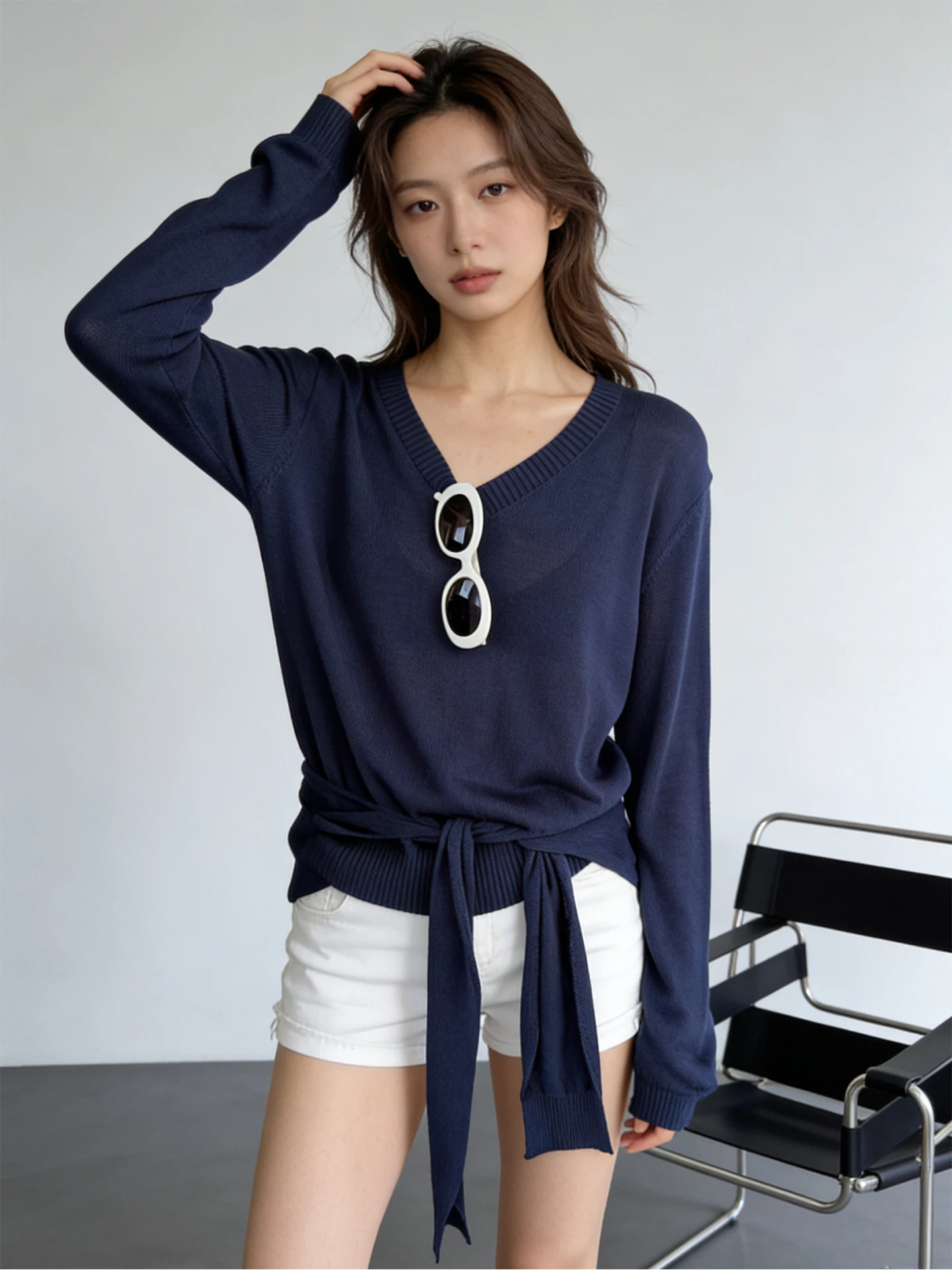 

Laid-back Style Women's Knitted Sweater Shawl V-neck Long Sleeve Loose UV Protection Cover up Deep Blue Top Two-piece Set