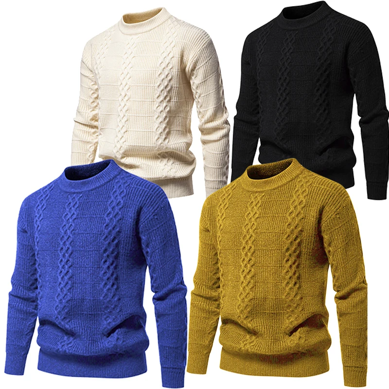 

4-цветный мужской модный трендовый индивидуальный текстурированный свитер, удобный пуловер с круглым вырезом и длинными рукавами