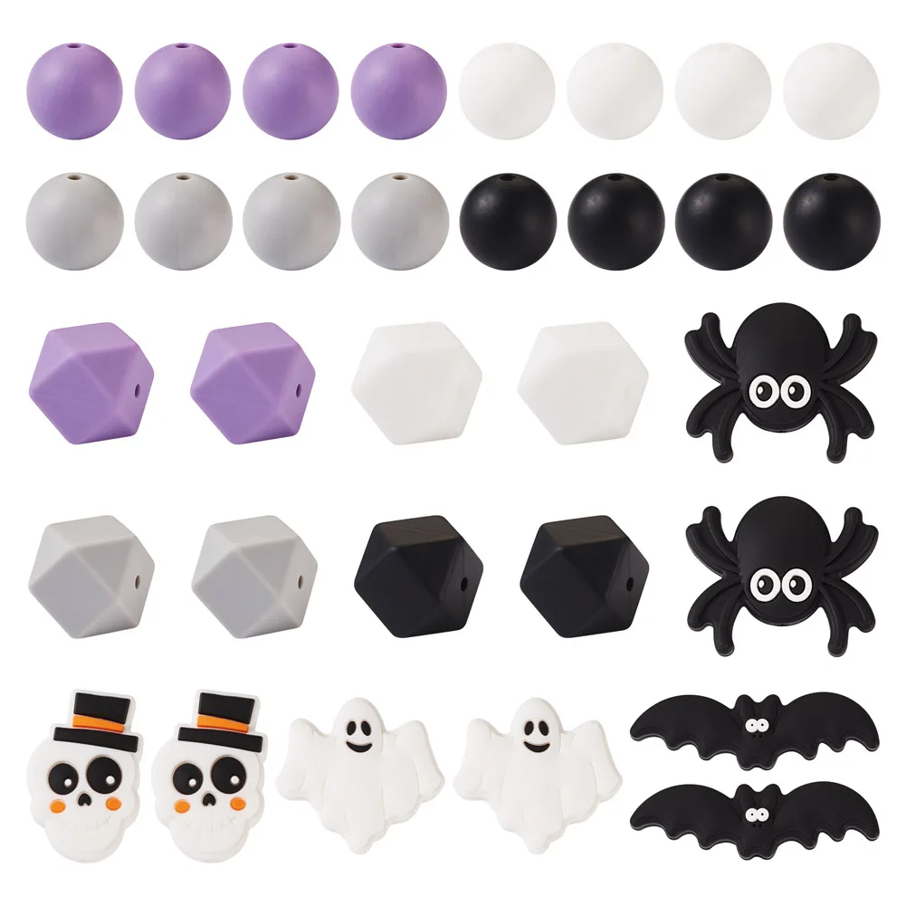 64Pcs Halloween Silicone Beads Ghost Bat Mix Shapes Loose Rubber Bead for DIY Bracelet Keychain Jewelry Supplies 14.5~32mm