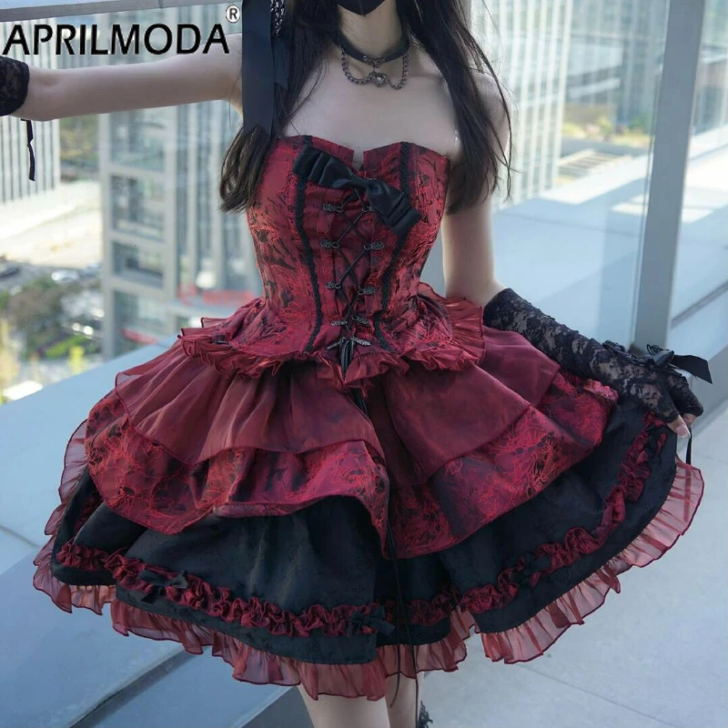 Women Harajuku Y2k Lace Lolita Dress Victorian Gothic Bow Evening Party Dresses Japanese Punk Style Slim Bandage Princess Dress