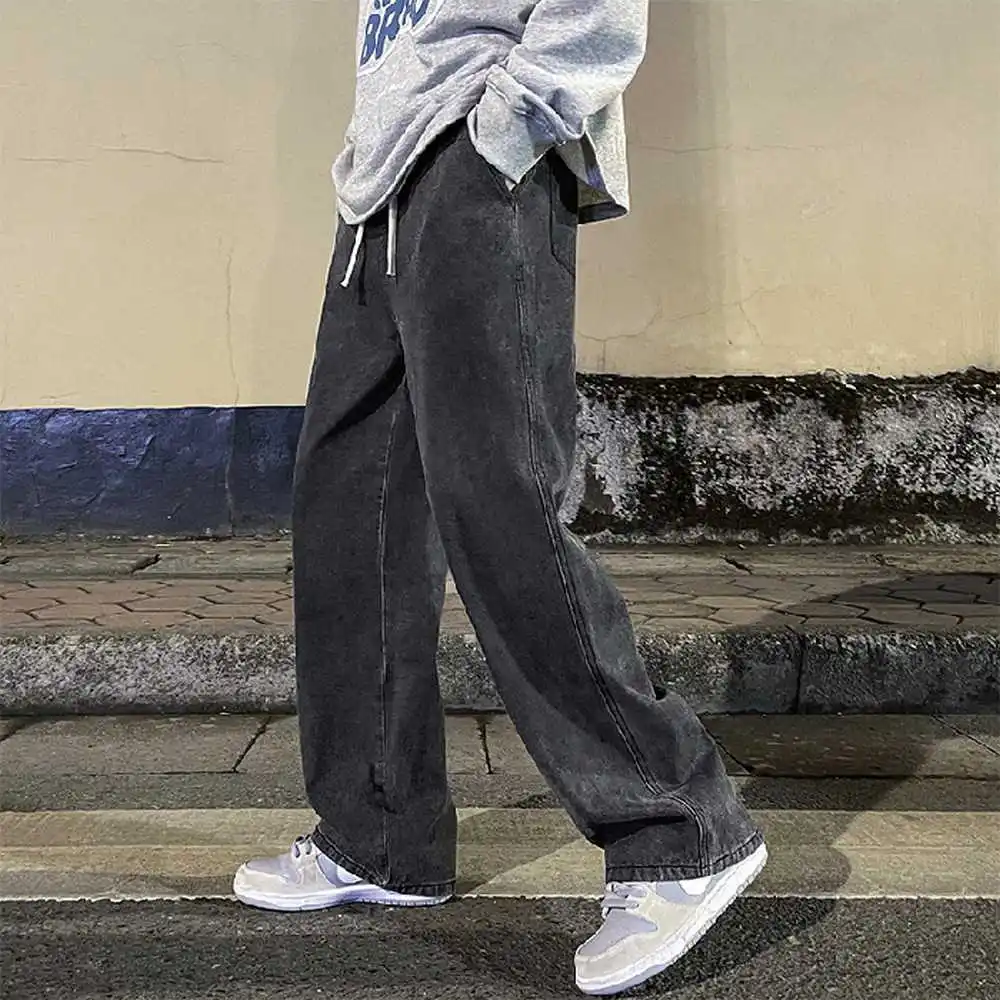 Jeans drappeggiati in tinta unita da uomo alla moda Pantaloni larghi dritti coreani vintage High Street Hip-hop Y2K Pantaloni casual a gamba larga trascinanti quotidiani