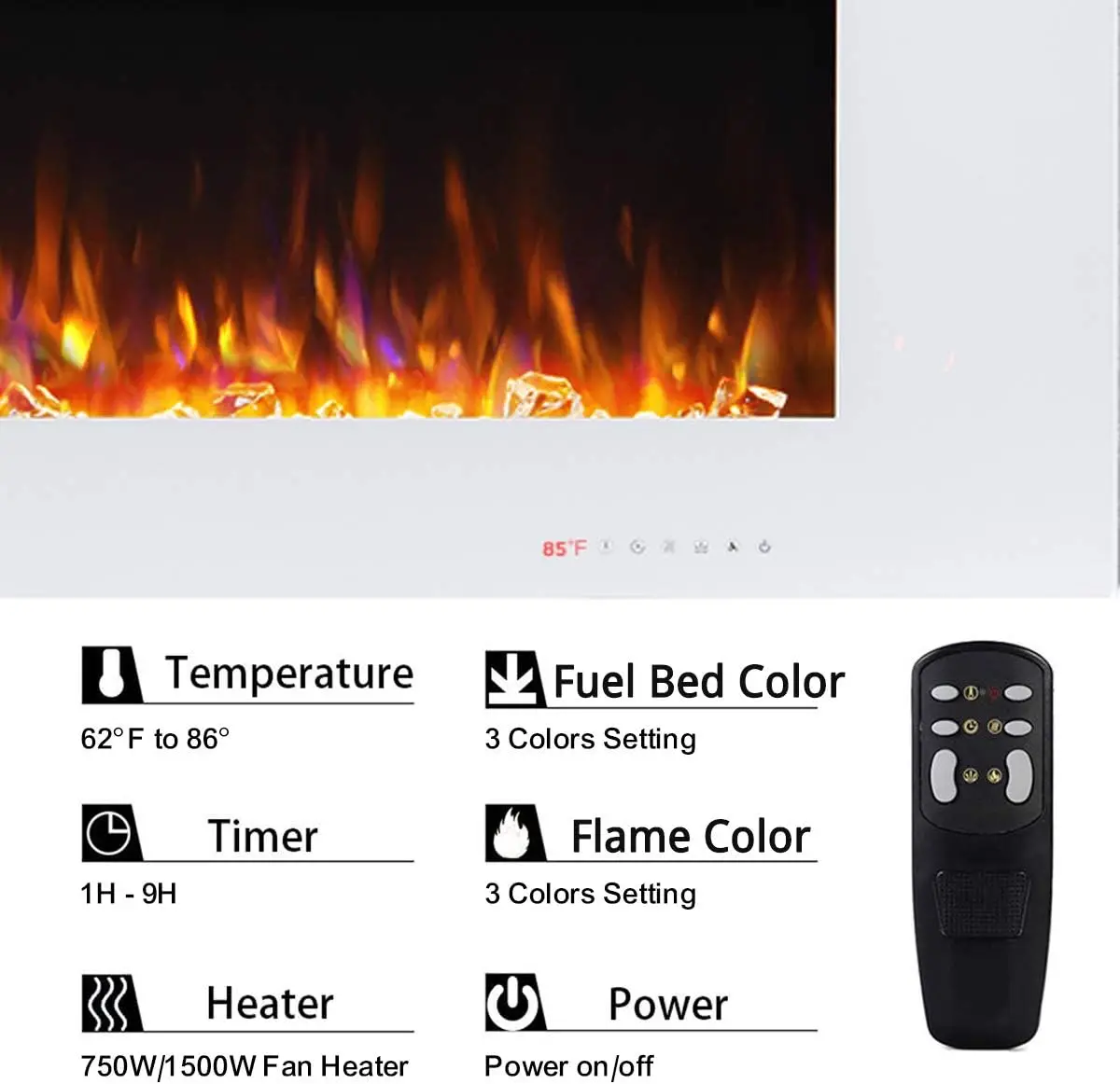 Electric Fireplace, 50 Inches Wall Mounted Fireplace with Overheating Protection, Thermostat, Timer & Remote, Touch Screen