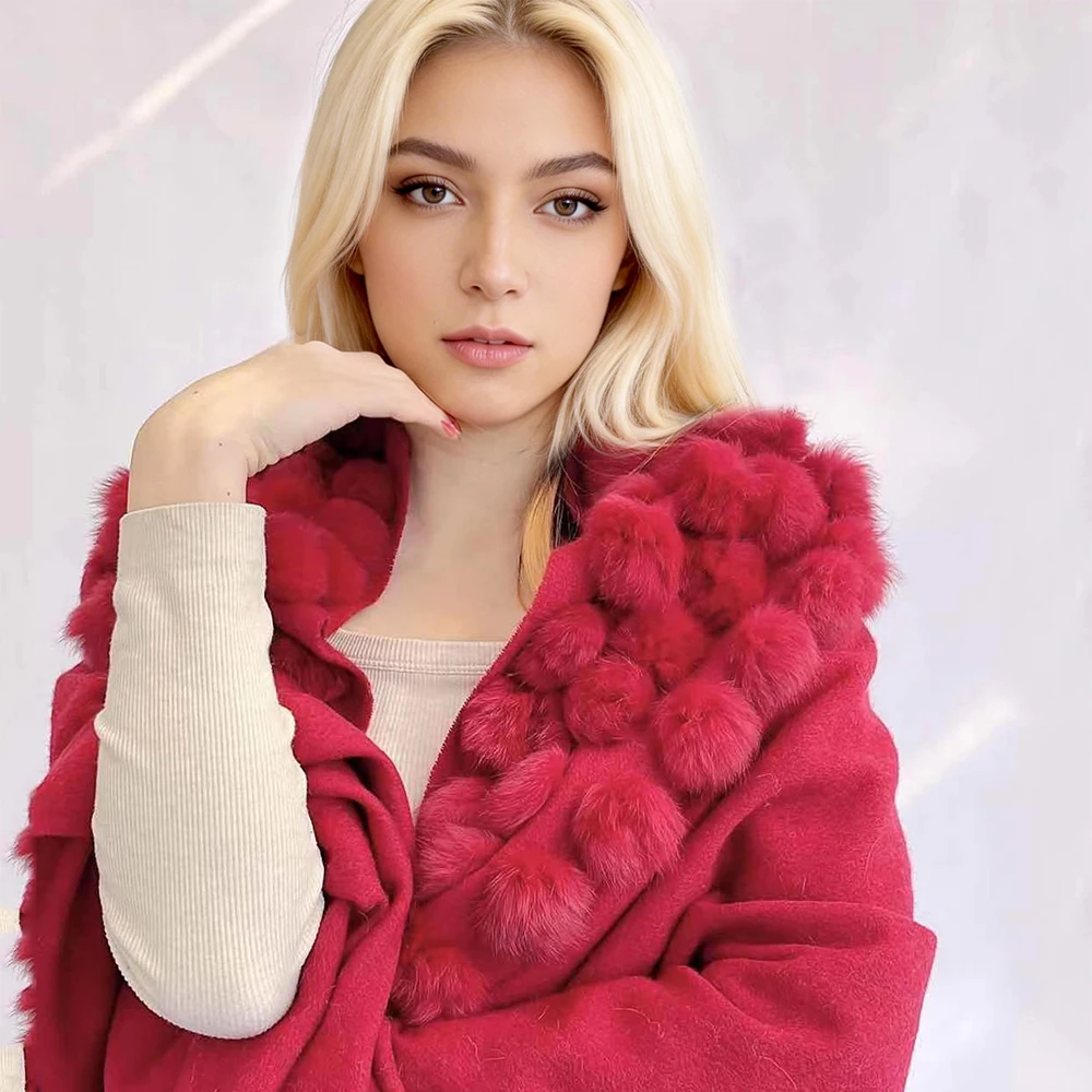 Jxwatcher Real Rabbit Fur Pompom Cape Women's Autumn Winter Warm Wool Shawl Fashion Shawl Tassel Cloak Casaco Feminino New Style