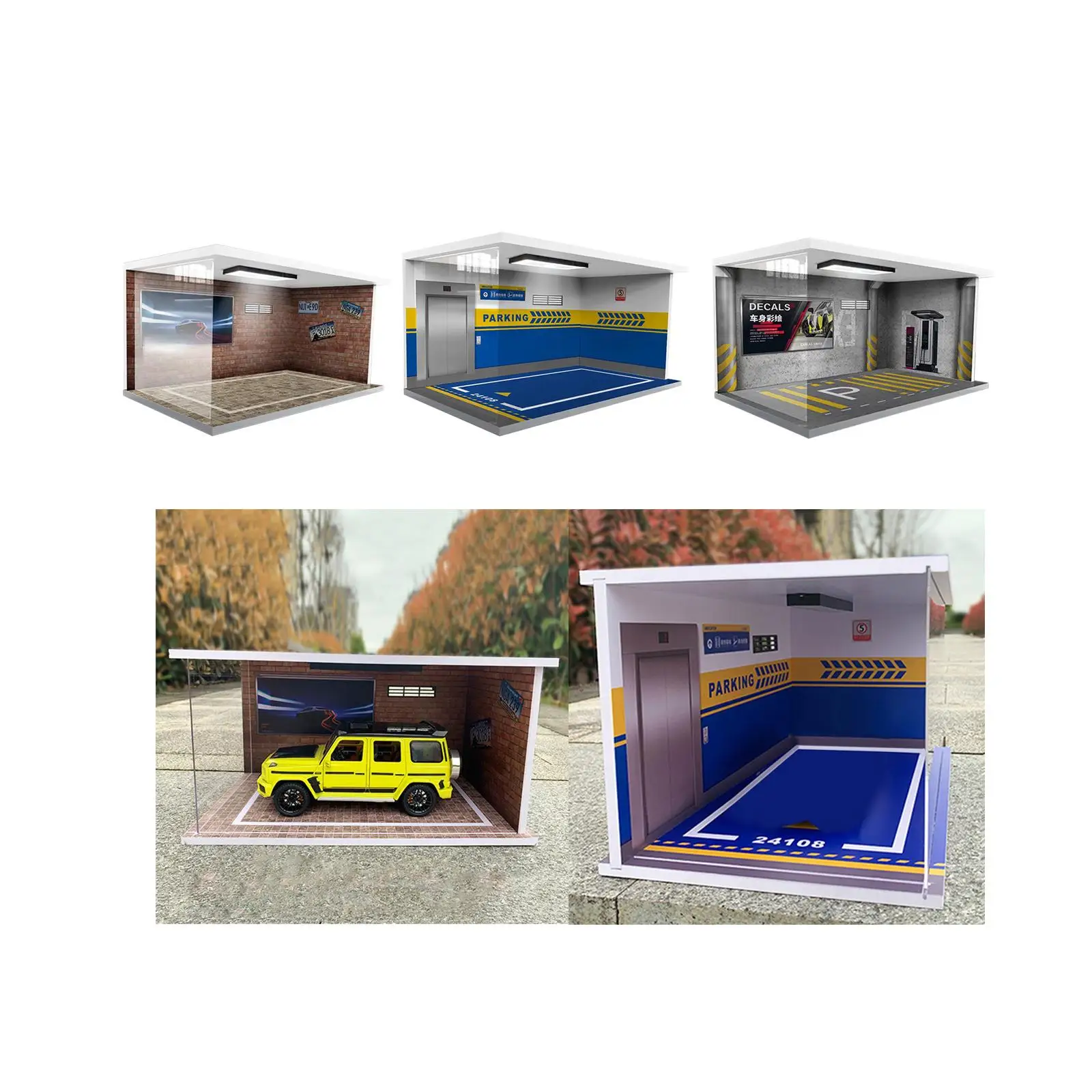 Vitrine de garage moulée sous pression avec lumières, présentoir, 40cm x 24cm x 20cm pour modèle Diorama, mise en page de collection, échelle 1/18