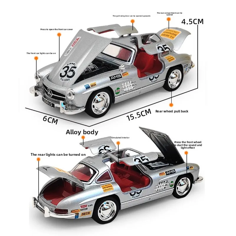 Simulazione 1/32 Benz 300SL Modello di auto in lega con luce sonora Pullback Diecast Veicolo giocattolo Bambini Ragazzo Regalo di compleanno in miniatura