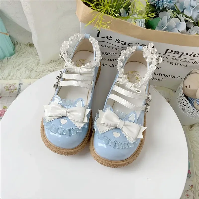 Lisapie Blue Lolita Shoes Sweet Bow Buckle Strap Cosplay Shoes Woman Solid Color Patchwork Lace Flat platform Mary Jane Shoes