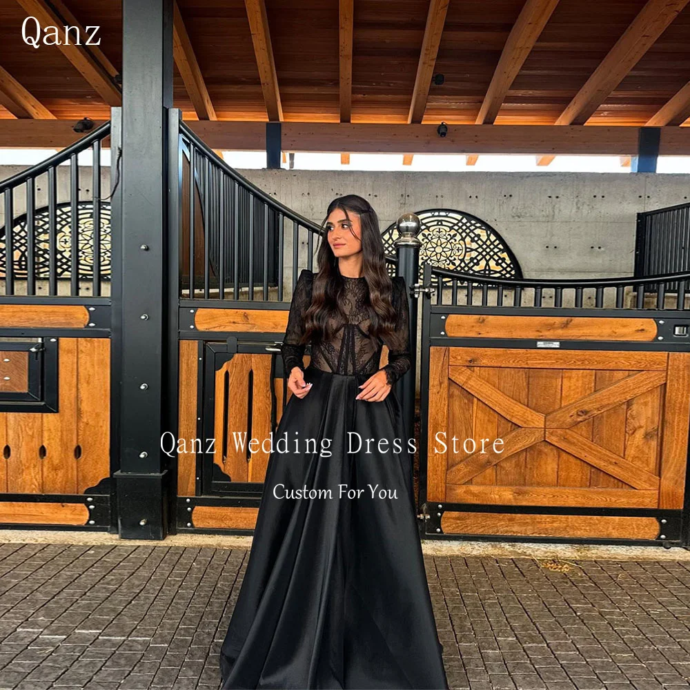 

Qanz O Neck Long Sleeves Evening Dresses Black Lace Elegant Dresses For Special Event Floor Length Women Party Gowns Customized