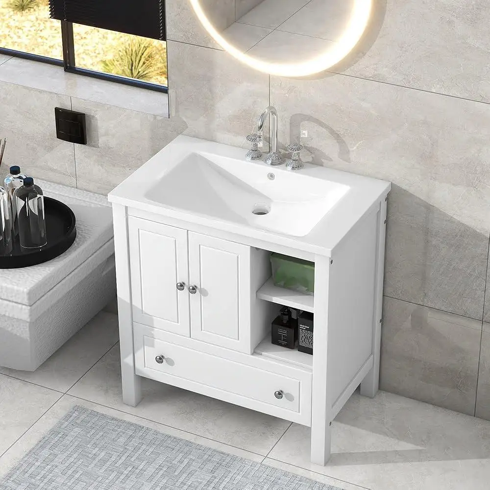 30 Inch Bathroom Vanity Cabinet with Adjustable Shelf Ceramic Sink Solid Wood Frame Double Doors Soft Closing Storage