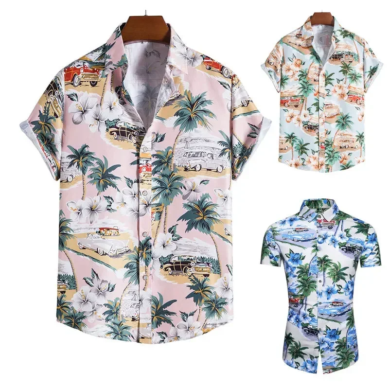 Boys Summer Beachwear Shirt Plus Size Palm Tree Car Pattern Printing Shirt Men Short Sleeve Button Up Casual Dress Up Partywear