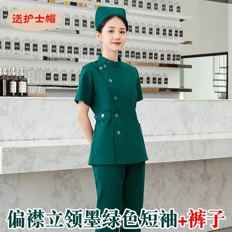 Infirmière S à manches longues pour femmes, combinaison courte fendue, vert foncé, hémodialyse, salle d'opération, département d'urgence, travail médical hospitalier