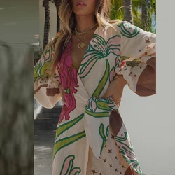 Lady Elegant Asymmetric Tie-up Party Dress Bohemian High Split Vacation Dress All Match Women V-Neck Lantern Sleeve Maxi Dress