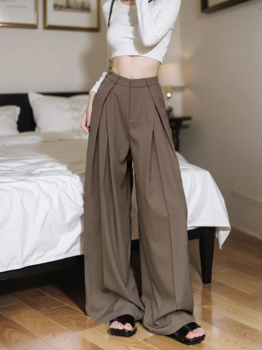 Black Wide Leg Pants, Loose Coffee Colored Suit Pants, Casual Pants, Women's Winter High Waisted Hanging Pants, Floor Length