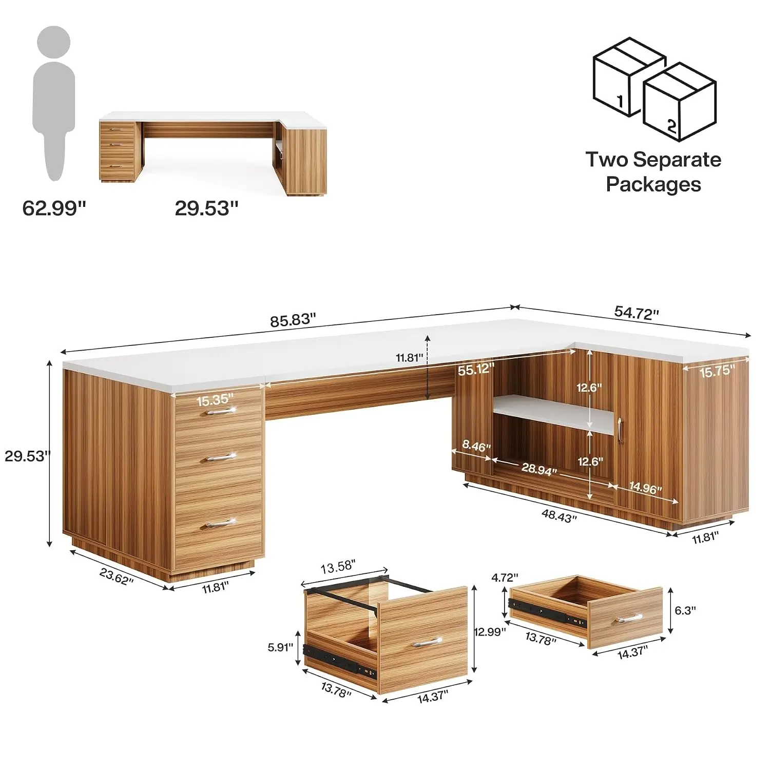L-Shaped Office Desk White & Brown Extra Large with File Drawers Cabinet Shelves Professional Business Furniture, Customized