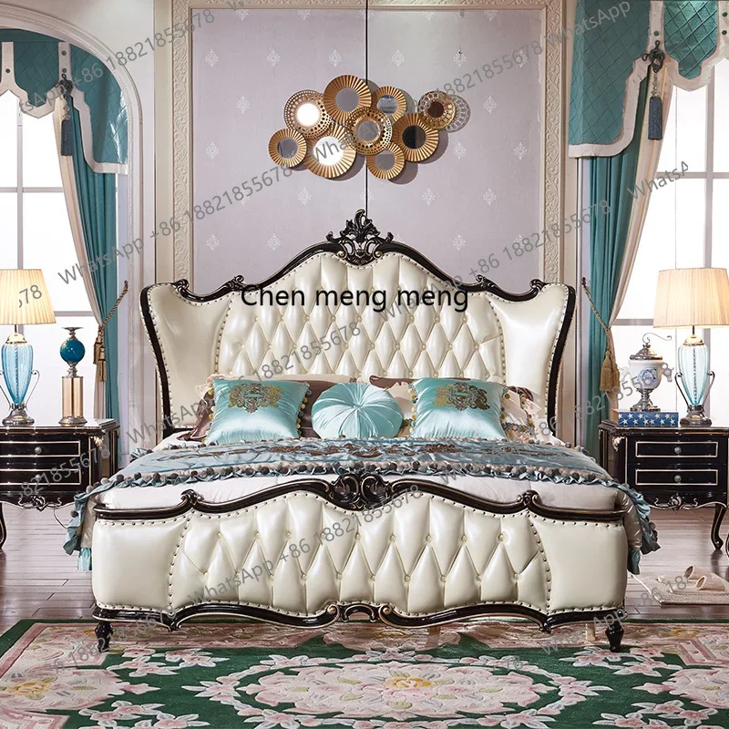 

X Solid wood bed double bed, ebony oak carved leather, luxury master bedroom bed