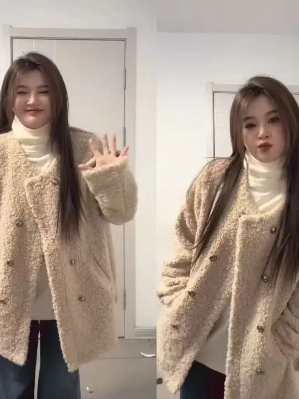 

Утепленное пальто из овечьего вельвета женское, повседневное, свободного кроя, двубортное, теплое, осенне-зимнее, новая модель, однотонное, в корейском стиле