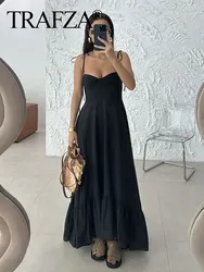 TRAFZA 2024 Woman Elegant Solid Color Zipper Sling Long Dress Women Sexy Sleeveless Backless Lace-Up Decoration Beach Dress