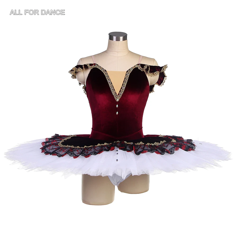 BLL554 Off Shoulder Burgundy Velvet Bodice Pre-professional Ballet Tutu with Gold Trim Perforamcne Ballet Tutu White Tulle Tutu