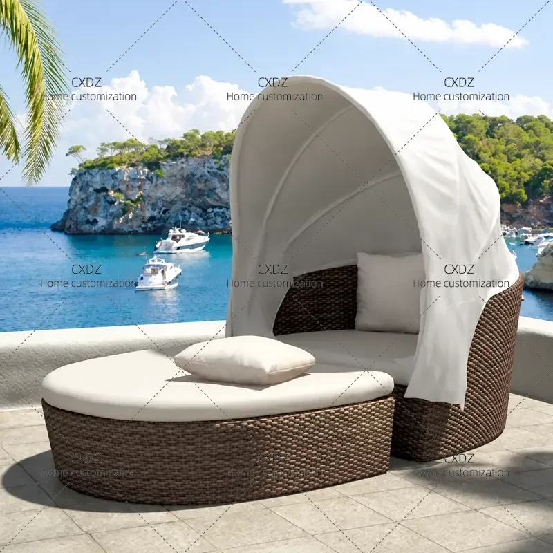 Rattan Beach Bed Outdoor Sun Lounger Terrace Leisure Sofa Courtyard Balcony Deck Chair for Vacation and Relaxation