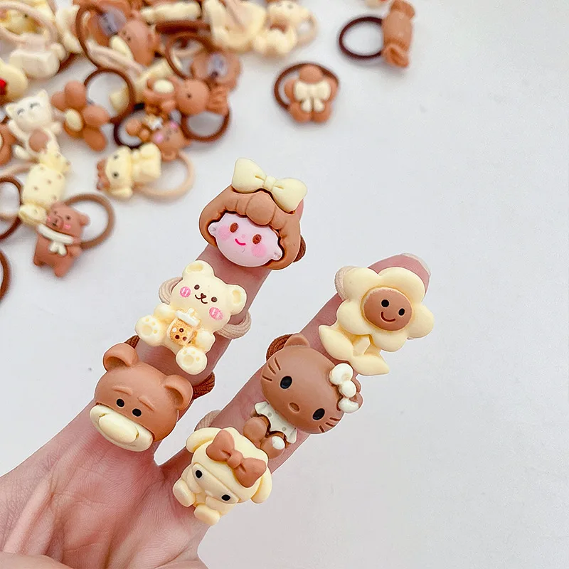 10pcs Girls Coffee Beige Small Size Scrunchie Children Cute Cartoon Elastic Hair Bands Headwear for Kids Baby Hair Accessories