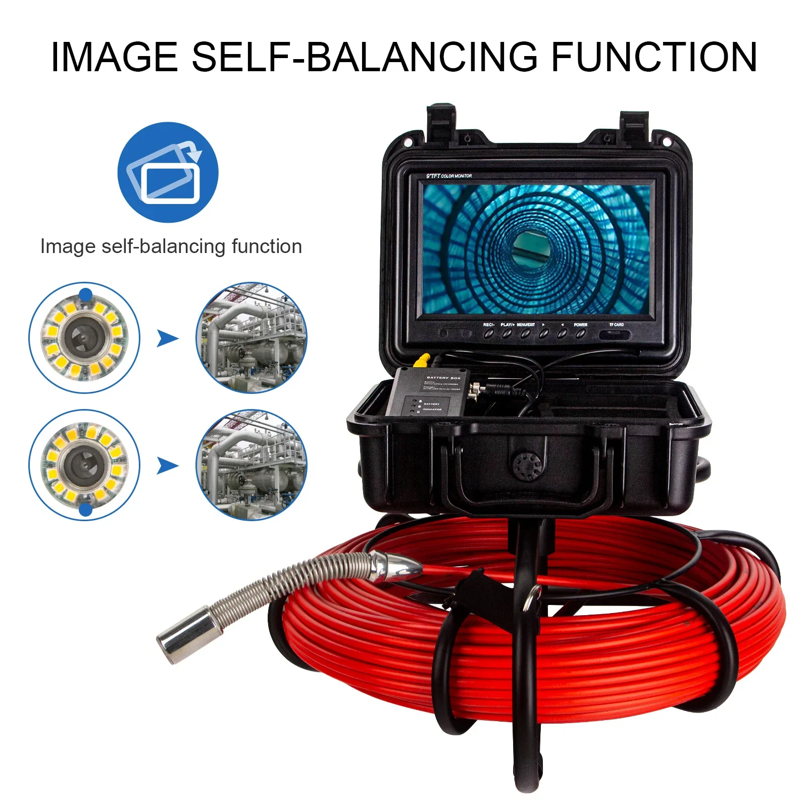 SYANSPAN Self-leveling Pipe Inspection Camera 9Inch 1080P Screen Sewer Industrial Endoscope  WIFI/DVR 8GB SD Card IP68 7MM Cable