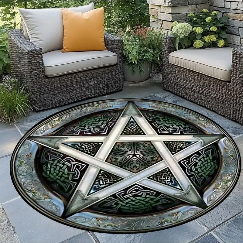 VIKAMA Vintage Pentagram Round Rug—Non-Slip Outdoor Patio Rug, Soft and Comfortable Living Room Rug, Home Decor