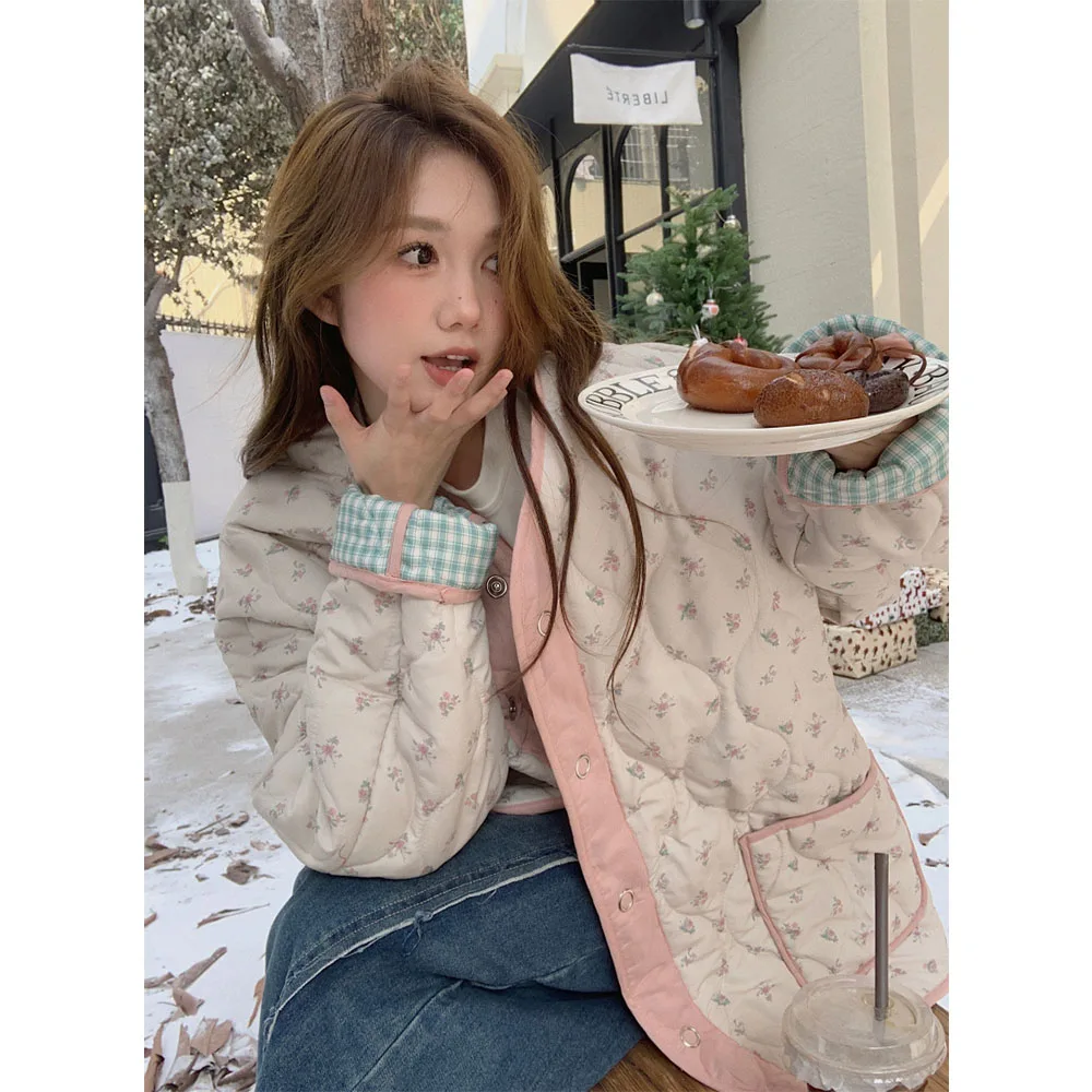 Thick Warm Women Cotton Coat Floral Print One Breasted Padded Jackets Female Double Sides Plaid Print Quilted Overcoats