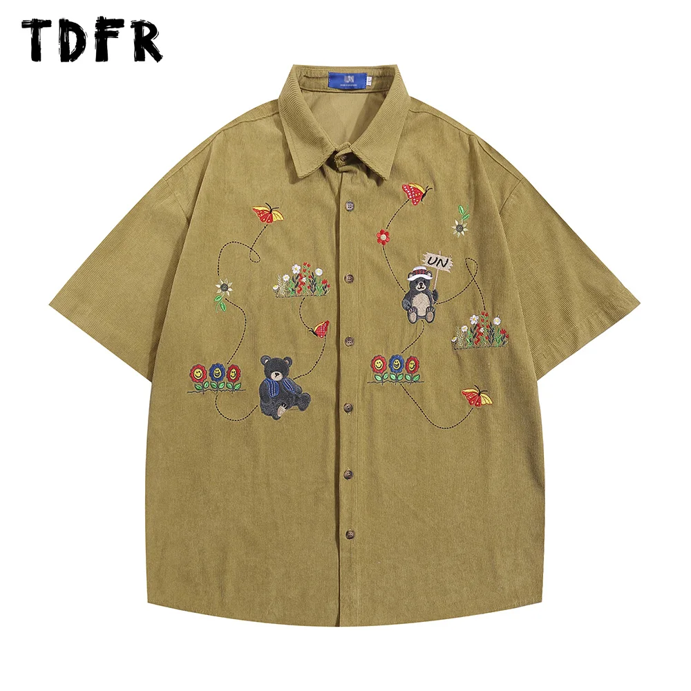 Little Bear Embroidery Corduroy Short Sleeve Shirts Mens Summer Retro Loose Lapel Half-Sleeve Single Breasted Shirts Men