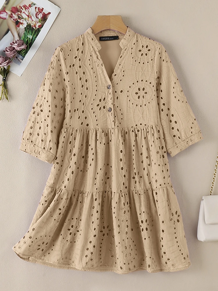 ZANZEA-Robe courte brodée évidée pour femme, robe patchwork, dentelle éducative, longueur au genou, manches 3/4, mode décontractée, vacances