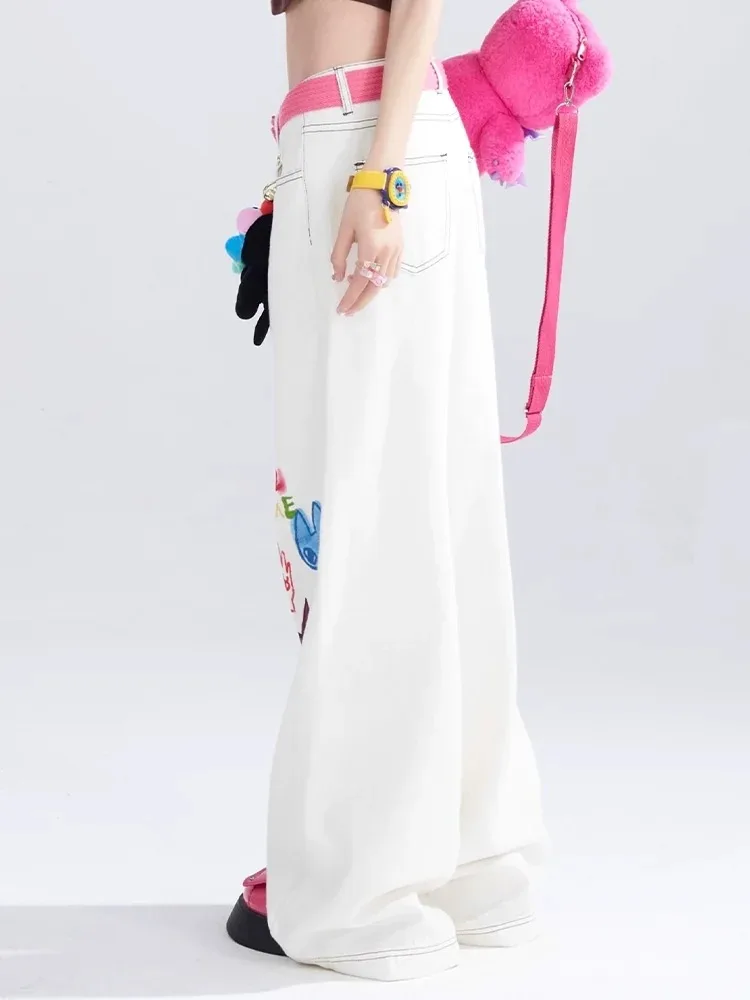2025 Summer New Women's White High-Waisted Wide-Leg Pants Cartoon Hand-Painted Print Loose Straight Long Jeans