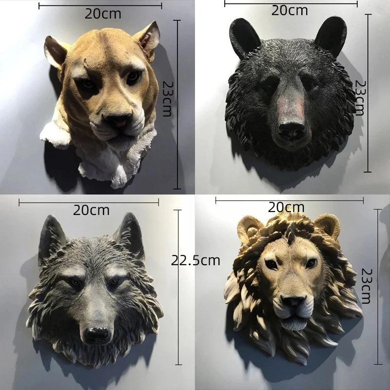 Resin Animal Head Wall Mount Decor 3D Lion Wolf Leopard Head Sculpture Hanging Ornament for Home Bar Living Room Wall Art Decor