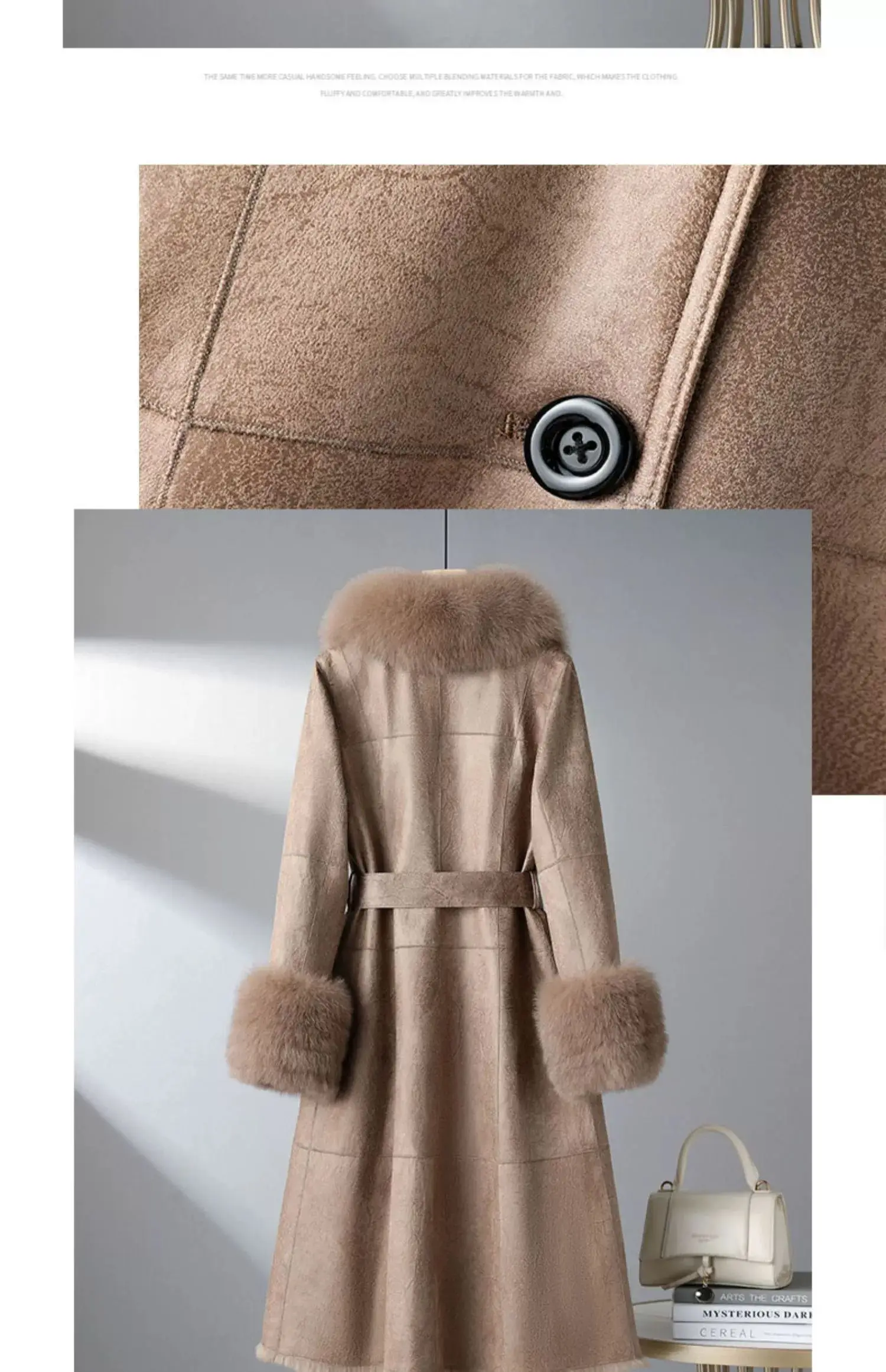 2023 New Rabbit Fur One Piece Coat for Women Mid length Fox Fur Collar Lace up Slim Fit Haining Fur Coat for Women