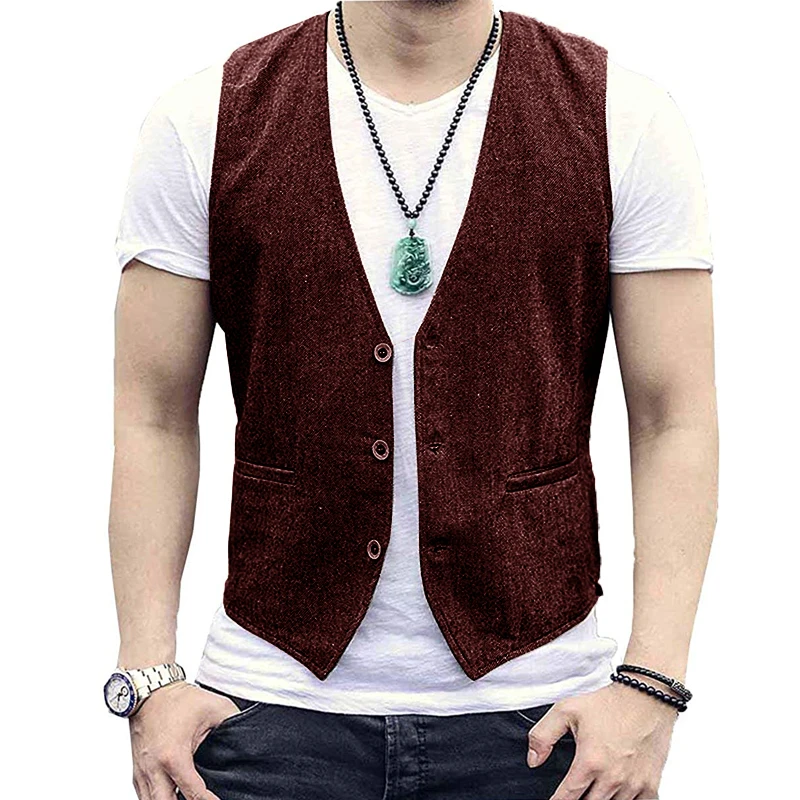 Men\'s Suit Vest Herringbone V-Neck Casual Jacket Business Office Work Wear Male Waistcoat