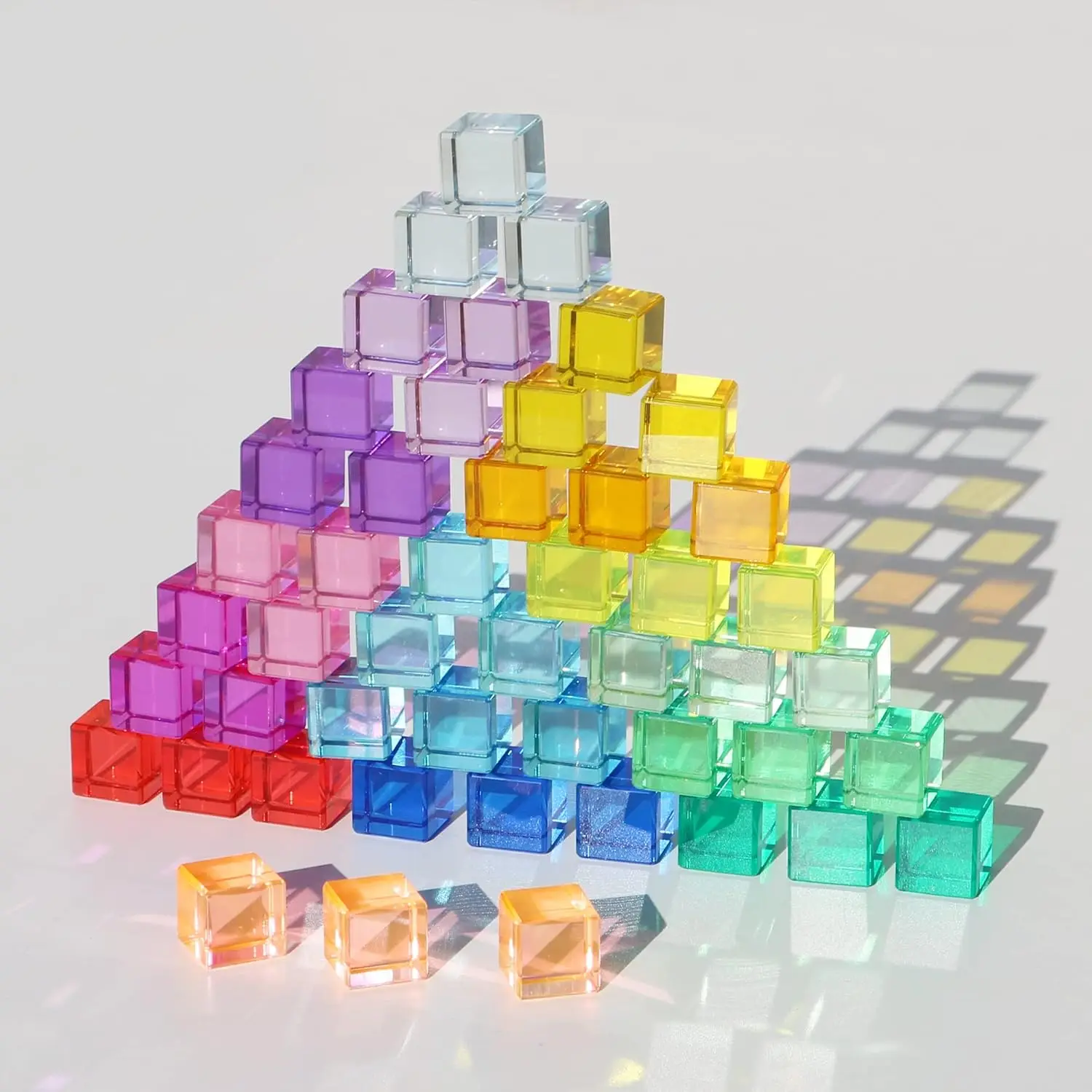 Rainbow Crystal Acrylic Cubes Children Learning Color Light Shadow Toy, Stacking Gem Blocks Sensory Building Blocks for Kids(48P