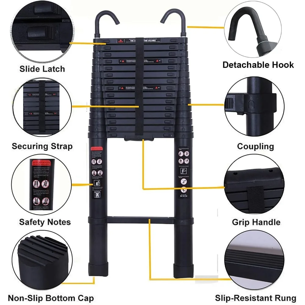 Escalera telescópica de 6,2 m (20,3 pies) Escalera de extensión telescópica de aluminio plegable con gancho desmontable, segura y compacta de 330 lb