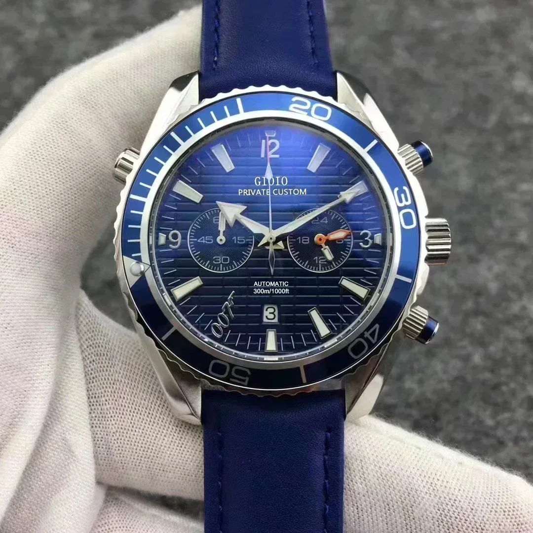 Luxe Nieuwe Heren Quartz Chronograaf Horloge Rvs Zwart Blauw Rubber Lederen 007 Horloges