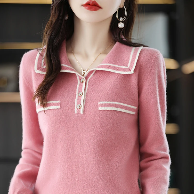 Pure Wool Knit Sweater Women\'s 2022 Spring Autumn New Chic Navy Collar Loose Knitted Pullover Fashionable Bottoming Ladies Top