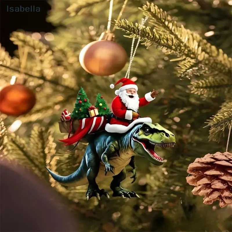 ♥Funny Santa Riding T-Rex 2D Flat Acrylic Christmas Ornament  Novelty Holiday Tree Decoration for Festive Home Decor